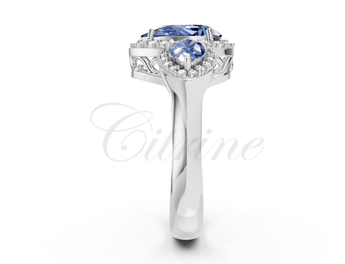 Three Pear-Cut Blue Sapphire Halo Ring - Image 3