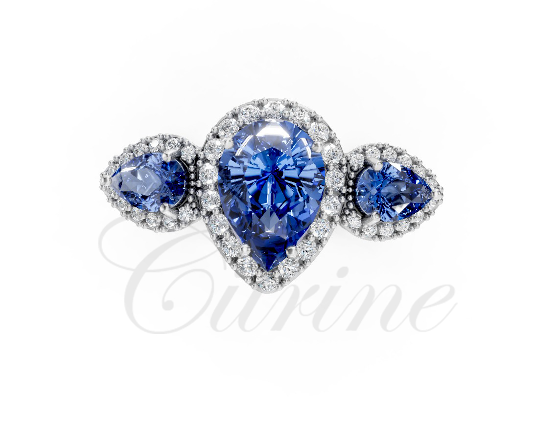 Three Pear-Cut Blue Sapphire Halo Ring - Image 4