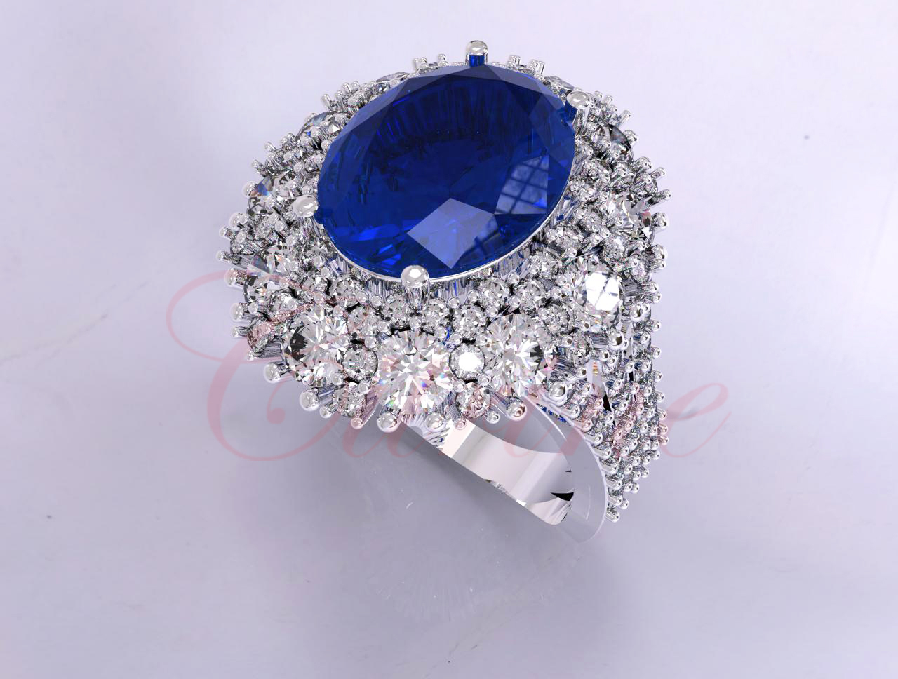 White gold ring with an oval blue gemstone surrounded by brilliant round diamonds by Citrine Jewellery
