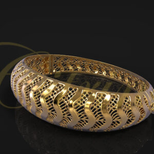Gold bracelet with wave pattern and filigree design.