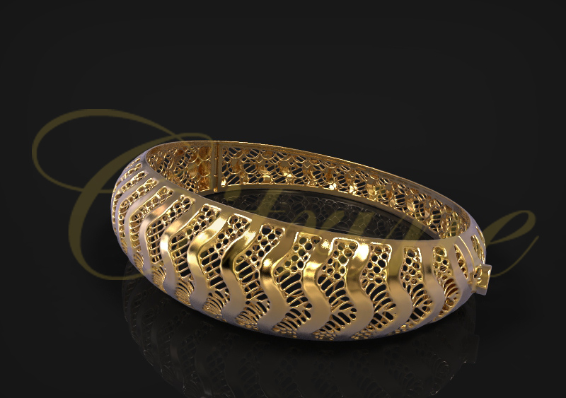 Gold bracelet with wave pattern and filigree design.