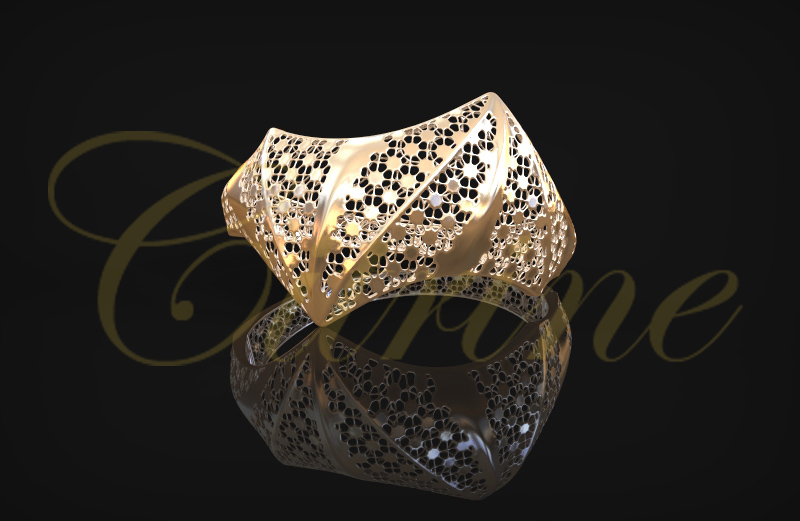 Gold bracelet with sculptural organic filigree openwork design.