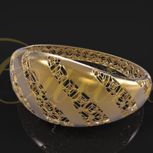 Gold bracelet with diagonal stripes and filigree design.