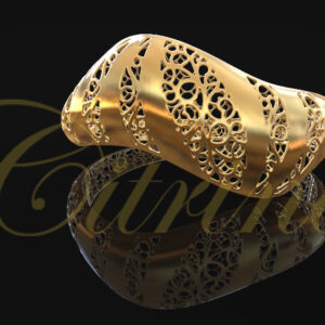 Gold bracelet with organic wave shapes and intricate filigree openwork.