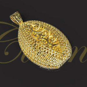 Gold oval pendant with detailed filigree and scroll design.