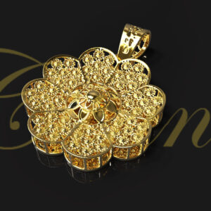 Gold pendant shaped like a flower with intricate filigree openwork.