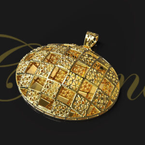 Gold oval pendant with polished grid pattern and intricate filigree openwork.