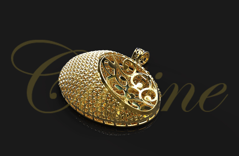 Gold oval pendant with domed lattice texture and ornate scroll filigree overlay.