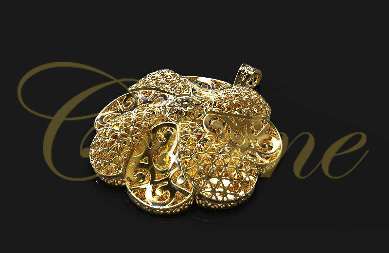 Gold floral pendant with layered filigree and scrollwork design.