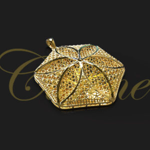 Gold hexagon pendant with central flower filigree and lattice openwork.