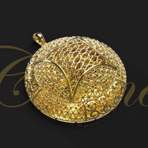 Gold round pendant with geometric overlay and intricate filigree design.
