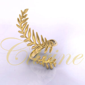 Gold open ring with flowing leaf branch design