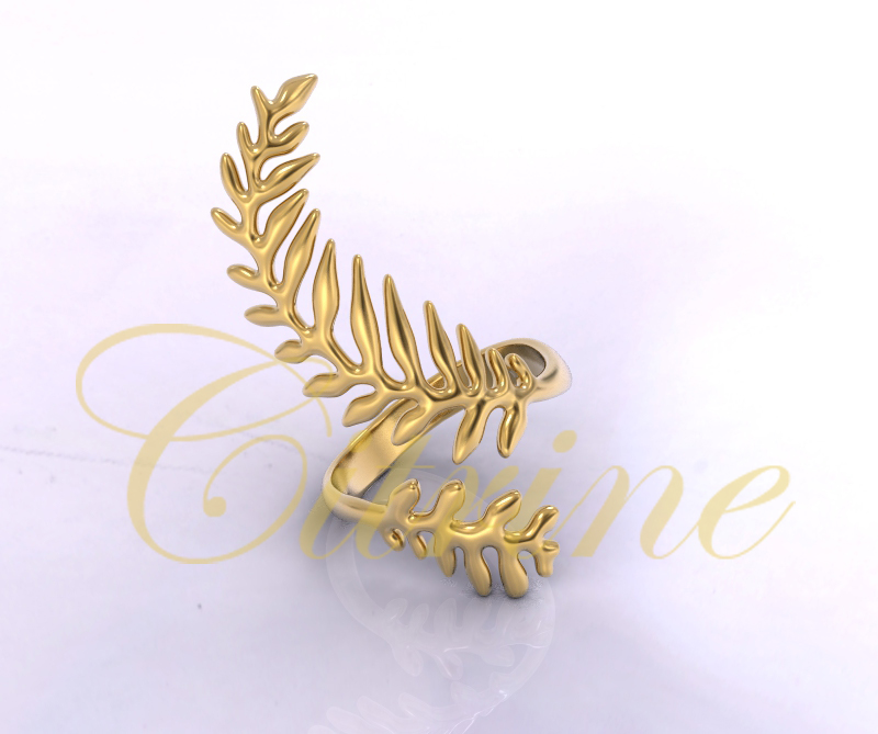 Gold open ring with flowing leaf branch design