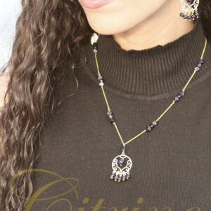 Handmade jewelry set with necklace and earrings, gold and dark blue gemstones