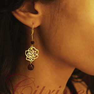 Handmade rose filigree earrings with garnet bead drops