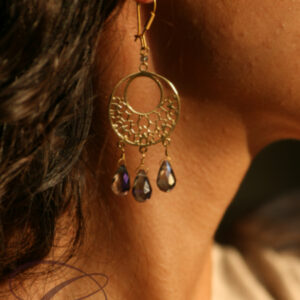 handmade gold filigree earrings with smoky crystal drops