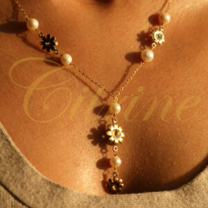 handmade gold floral pendant necklace with white pearls