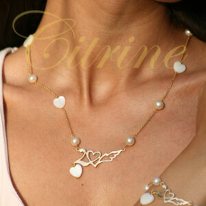 handmade flying heart and pearl necklace bracelet earring jewelry set