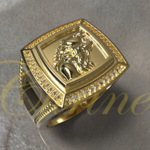 Gold lion signet ring with diamond border