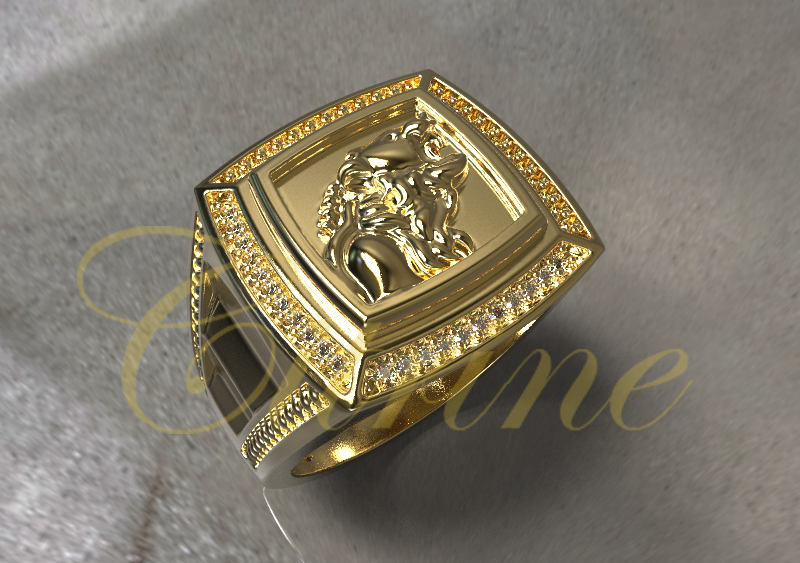 Gold lion signet ring with diamond border