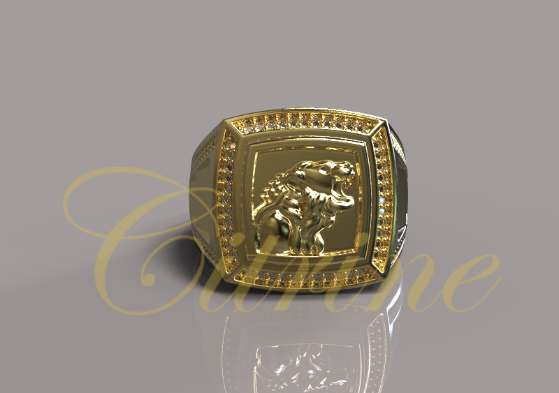 Gold lion signet ring with diamond border