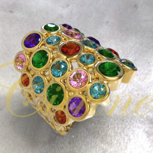 Gold ring with a vibrant cluster of multi-color round gemstones.