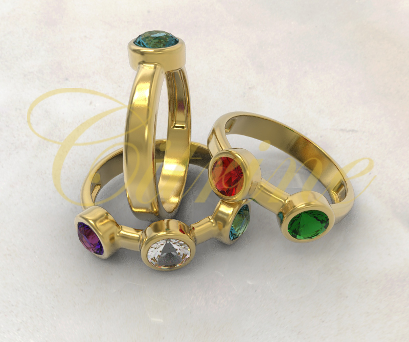 Gold rings set each with a single colorful round gemstone.