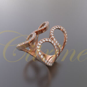 Rose gold ring with three loops and sparkling white stones.