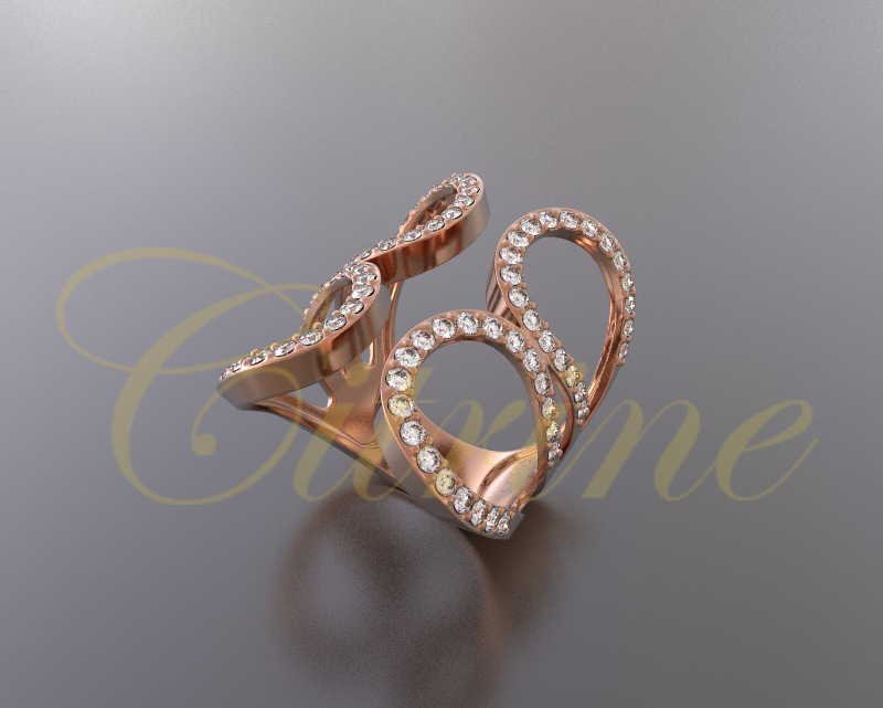 Rose gold ring with three loops and sparkling white stones.
