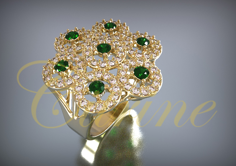 Gold floral ring with green and white gemstone cluster.