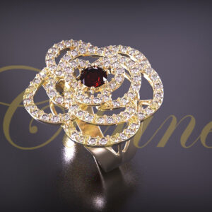 Floral pavé ring with red center stone.