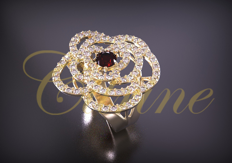 Floral pavé ring with red center stone.