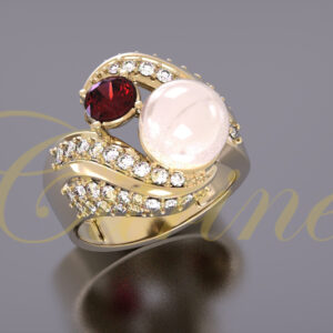 Gold statement ring with pink cabochon and red gemstone.