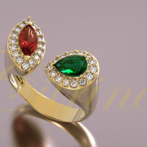 Gold ring with red and green teardrop gemstones.