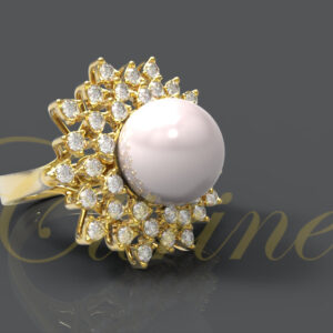 Gold ring with central pearl and halo of pavé-set stones.