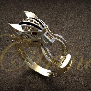 Sculptural gold statement ring with contemporary openwork design.