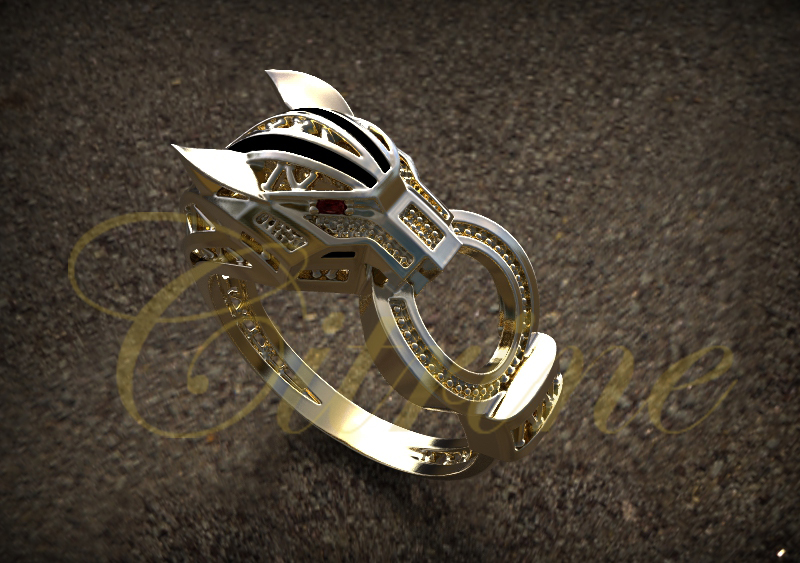 Sculptural gold statement ring with contemporary openwork design.