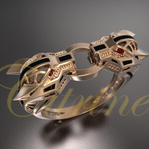 Panther-inspired rose gold statement ring with black enamel accents.