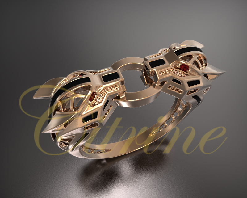 Panther-inspired rose gold statement ring with black enamel accents.