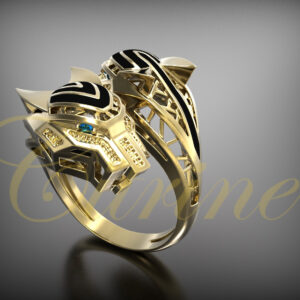 Gold ring with two panther heads, black enamel, and blue gemstone eyes.