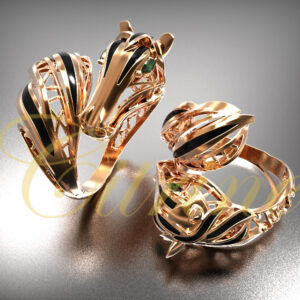 Rose gold twin horse head ring with black enamel and green gemstone eyes.