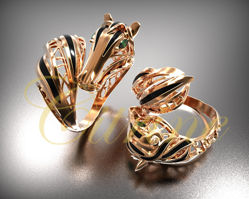 Rose gold twin horse head ring with black enamel and green gemstone eyes.