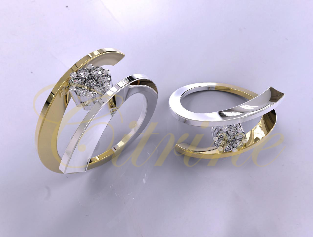 Two-tone gold bypass ring with a brilliant diamond flower cluster.