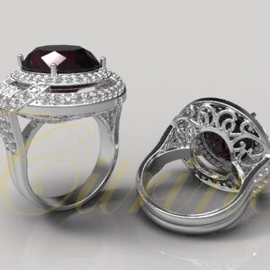 White gold ring with a large garnet center stone and diamond halo.
