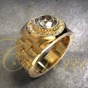 Bold gold ring with a large diamond centerpiece and watchband-inspired design.