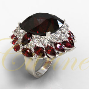 Large oval garnet ring with pear-shaped garnets and diamond halo in white metal.