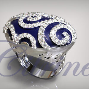 Navy enamel dome ring with swirl diamond accents in white metal.
