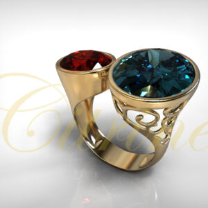 Yellow gold ring with two large oval gemstones in blue and red with filigree accents.
