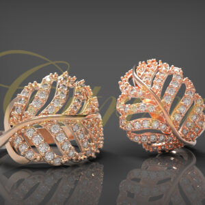 Rose gold leaf-shaped cocktail ring set with rows of white diamonds.