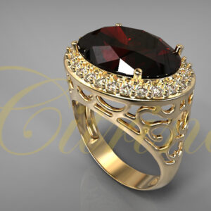 Yellow gold ring with large oval garnet and diamond halo featuring filigree details.